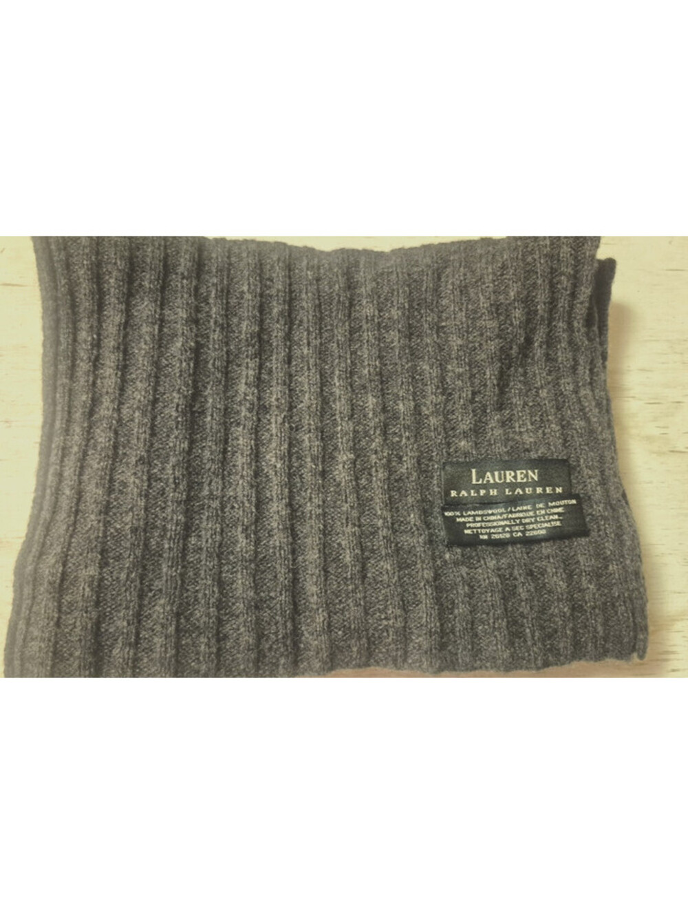 Embroidered Logo LRL Ralph Lauren Gray Lambswool Ribbed Knit Scarf ~ Gray Wool